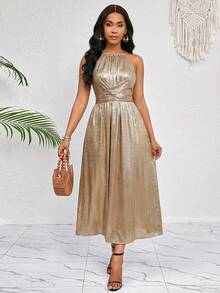 SHEIN Lady Tie Backless Halter Neck Metallic Dress - Gold - View 6
