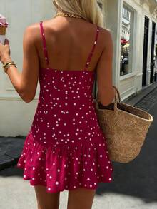 Cévolie 女士复古白色波点V领无袖连衣裙，饰有褶皱花卉图案，层叠泡泡裙摆，优雅法式海滩度假风，性感派对、音乐节、情人节、约会休闲浪漫迷你连衣裙 - 紅色 - 查看 2