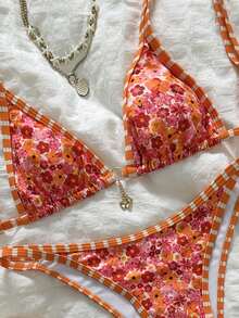 Swim Mod Women Multicolor Halter Neck Short Bikini Set With Floral And Striped Patterns Buckle Details - Multicolor - View 4