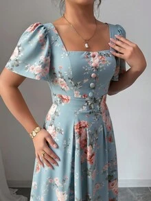 Vestido elegante de mujer con estampado floral, cuello cuadrado y mangas de vuelo ideal para vacaciones - Azul - Ver 5