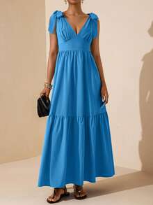 Lyxana Women's Bright Blue V-Neck Tie-Up Sleeveless Dress - Blue - View 5