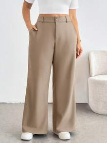 SHEIN Essnce Plus-Size Women's Spring/Summer Fashion Casual Loose Comfortable Everyday Basic Versatile Khaki Flared Pants,Spring,Women Bottom,Work Pants - Khaki - View 3