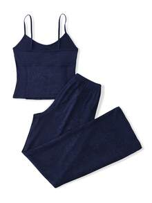 Women's Solid Color Camisole & Pants Pajama Set - Navy Blue - View 2