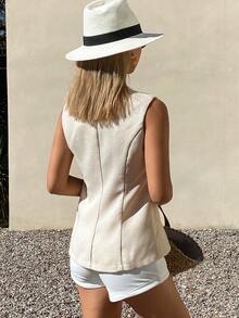 Livesso 女士蕾丝镂空无袖背心，休闲办公装，优雅适合情人节、婚礼、度假等场合，修身剪裁，棕色上衣外套 - 米色 - 查看 3