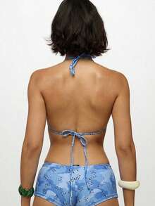 SUMWON WOMEN Two Piece Halter Bikini Set With Floral Print Triangle Top And Lace Up Shorts For Summer Vacation Beach - Blue - View 2