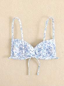 Swim Mod 1件装女士可爱碎花前扭结抹胸泳衣上装，夏季 - 藍白色 - 查看 2