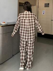 DAZY 2pcs Women Plaid Pajama Set, Loose Fit Shirt And Pants, Suitable For Autumn/Winter And Christmas - Coffee Brown - View 2