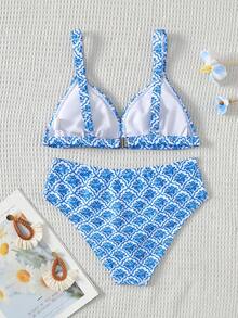 SHEIN 少女夏季全印花细肩带两件式比基尼套装 - 非常适合海滩度假和游泳。 - 藍白色 - 查看 2
