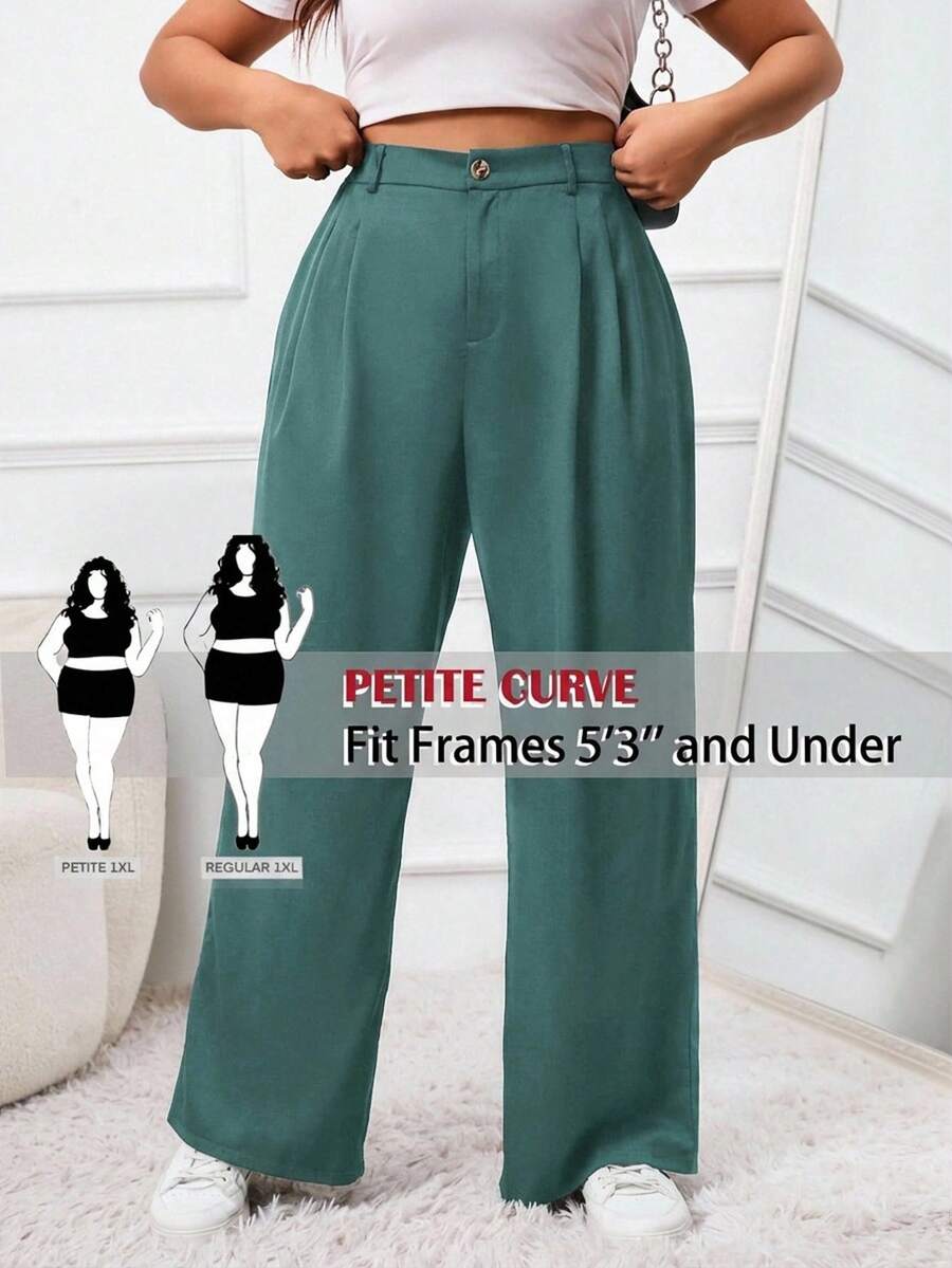 SHEIN PETITE CURVE 大码纯色前扣简约休闲西装裤,适合毕业季、返校季、教师装等场合,秋冬季日常通勤穿着皆宜。 - 水鴨藍 - 查看 1