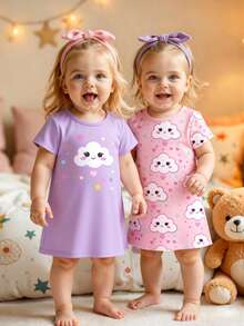 2件套女婴可爱笑脸云朵印花针织圆领连衣裙睡衣套装，春夏款，儿童礼物 - 粉色 - 查看 1