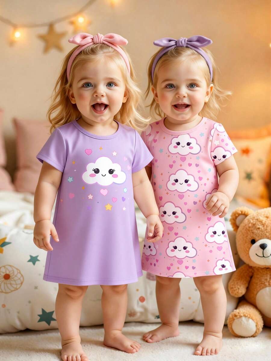 2件套女婴可爱笑脸云朵印花针织圆领连衣裙睡衣套装，春夏款，儿童礼物 - 粉色 - 查看 1