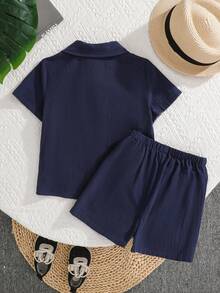 SHEIN 2pcs Baby Boy Blue & White Contrast Color Polo Collar Short Sleeve Cardigan Top And Solid Shorts Set,Summer,Family Matching,Back-To-School Outfit - Multicolor - View 3