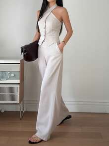 DAZY Women's Summer Halter Backless Fitted Cropped Sleeveless Tank Top And Loose Wide Leg Pants 2 Piece Set, Casual Outfit - Apricot - View 2