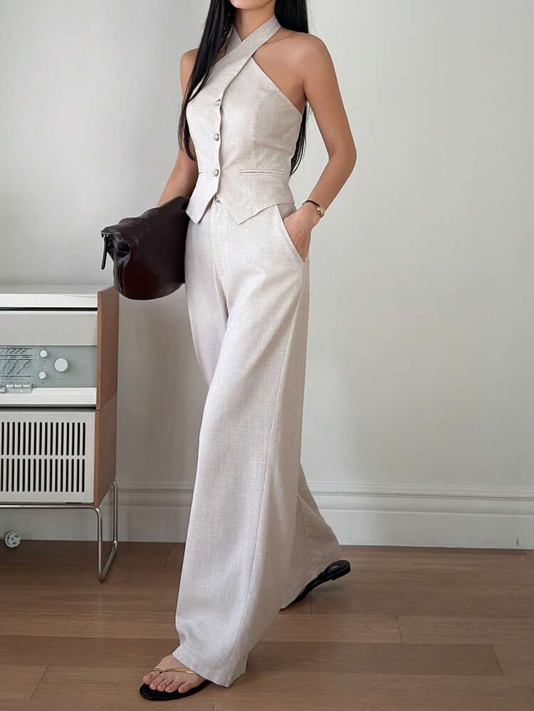 Women's Summer Halter Backless Fitted Cropped Sleeveless Tank Top And Loose Wide Leg Pants 2 Piece Set, Casual Outfit