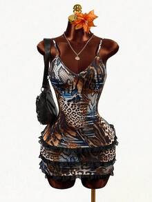 Mistrie Vestido corto de mujer con tirantes de espagueti, con estampado de leopardo y encaje, adecuado para vacaciones, citas, salidas y fiestas - Multicolor - Ver 6