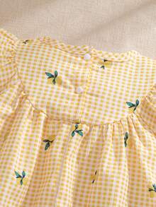 Souflis Souflis Đầm ngắn tay in họa tiết kẻ caro thắt nơ cho bé gái - Màu vàng - Xem 4