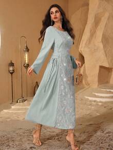 Al Najma Elegant Beaded Embroidery Round Neck Arabic Style Dress For Women - Green - View 3