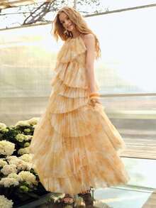 MOTF PREMIUM VESTIDO DE MUJER CON VOLANTES MULTICAPA EN EL BAJO, ESTILO ROMÁNTICO, PRIMAVERA/VERANO - Amarillo - Ver 5