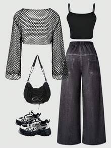 SHEIN ChillGRL 3pcs/Set Teen Girls Fashion Versatile Cute Bow, Star, Letter Hollow Out Jacket + Vest + Loose Casual Denim Look Pants Set - Black - View 2