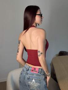 Abrilcols Top sin espalda de halter de unicolor casual y sexy para mujer - Burdeos - Ver 2