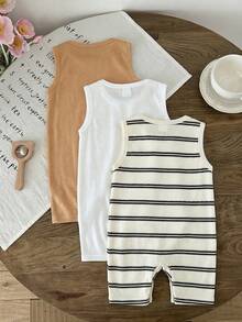 LMoss Kids 3pcs Baby Boy Knitted Solid Striped Crew Neck Sleeveless Romper Set - Multicolor - View 2