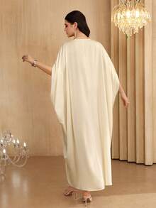 Al Najma Elegant Beige Beaded & Rhinestone Embellished Bat Wing Dress, Spring/Summer - Apricot - View 2