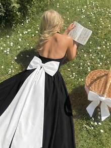 SHEIN MOD 女士优雅中长连衣裙，饰有蝴蝶结和露背设计，夏季 - 黑與白 - 查看 3