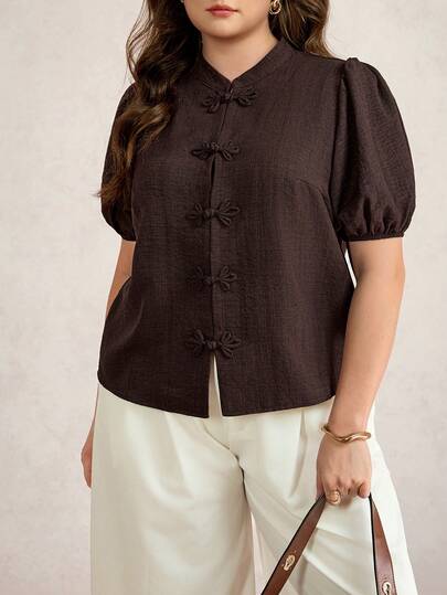 Comfylo 大码女式纯色休闲中式纽扣衬衫