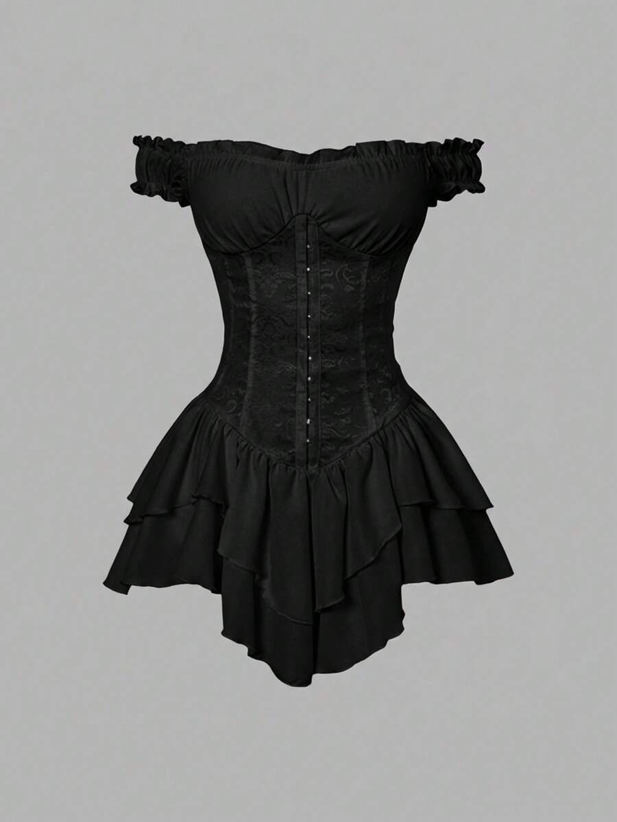 SHEIN PETITE 女士白色褶皱提花腰部拼接荷叶边露肩层叠荷叶边A字雪纺迷你连衣裙，优雅适合派对和年轻女孩穿着，白色束身连衣裙，白色迷你连衣裙，白色派对服装，束身连衣裙