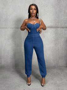 Slaydiva Plus Size Solid Color Fitted Tube Top Stylish Summer Versatile Denim Jumpsuit - Blue - View 3