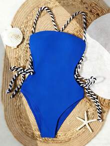 Swim SXY Women's Sexy One-Piece Swimsuit With Backless And Side Tie Design, Summer, Tube Top Swimsuit, - Royal Blue - View 3