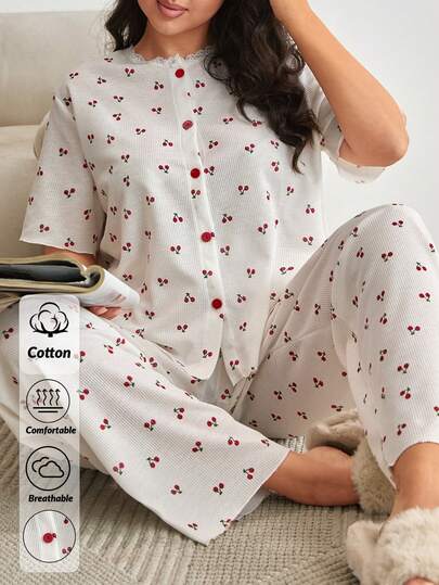 SHEIN Plus Size Women Contrast Lace Detail Waffle Knit With Cheery Pattern Button Front Short Sleeved Shirt&Long Pants Homewear Comfort Lounge Set Pijama Set Pajama Set For Woman Cotton Cherry Pajama Set Comfy Pajamas Set Button Down Pajamas For Women