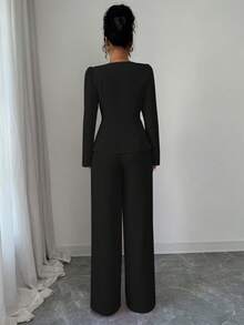 Rafferiza 女士珍珠装饰长袖上衣和阔腿裤休闲办公套装，优雅女士服装，女装裤装两件套，女士两件套套装，正式女士两件套套装，正式黑色裤装，女士裤装套装 - 黑色 - 查看 2