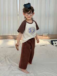 DAZY Young Boy Crew Neck Cartoon Letter Print Short Sleeve Top And Striped Wide Leg Pants Casual Loungewear Pajama Set - Brown - View 7