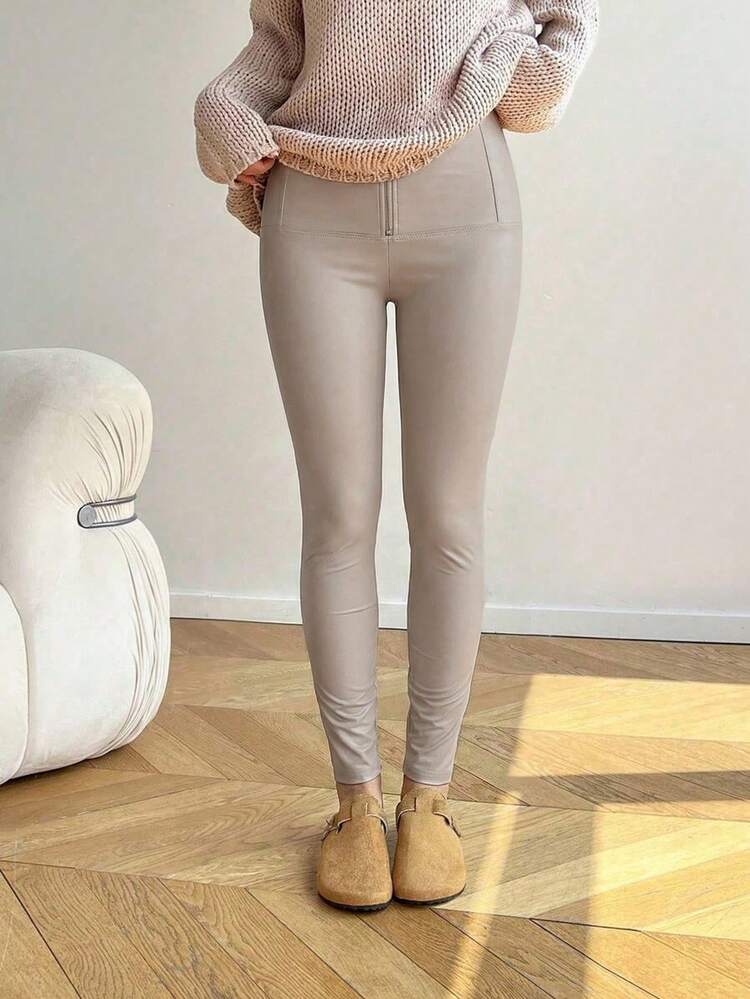 Firerie Pantalones ajustados de cuero sintético y piel sintética de cintura media, con cremallera para levantar el trasero, elegantes, casuales y versátiles, adecuados para el otoño, otoño/invierno, aeropuerto, maestros y uso en la oficina - Beis - Añade 7