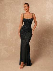 Lumalex Rhinestone Ombre Luxurious Mermaid Dress With Spaghetti Straps, Bodycon And Fishtail Hem For Women ,Summer Lace Up Black Club Sparkly Glitter Corset - Black - View 4