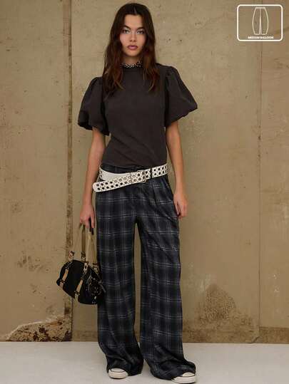 COUREZ Pantalones de globo de tiro bajo a cuadros medianos / Ropa de otoño e invierno Y2K para mujeres, pantalones oversize para salir, atuendos de fiesta de Año Nuevo