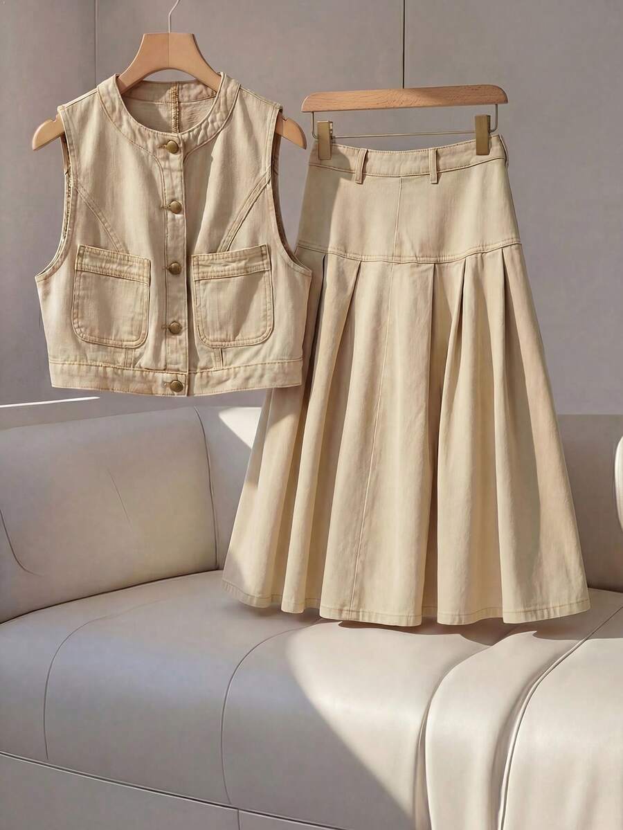 SHEIN MOD 女士圆领单排扣口袋背心和百褶牛仔裙套装,夏季女装,春假女装,嘉年华女装,优雅派对套装,沙滩套装,外出套装,优雅套装,女士度假套装,女士休闲套装。女士米色牛仔纽扣背心和百褶中长裙套装。这款无袖露脐上衣和中长裙打造出时尚休闲的两件套造型。 - 卡其色 - 查看 1