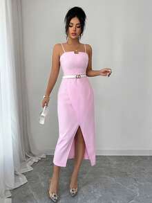 SHEIN Raffinéa 女士新款修身无袖心形领口收腰开衩下摆中长连衣裙 - 粉色 - 查看 6