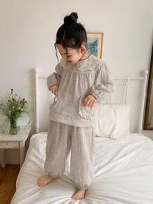 DAZY Girls (Small) Lace Doll Face Ditsy Floral Long Sleeve Pajama Set - Light Grey - View 3