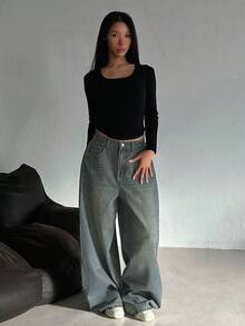 DAZY 女士做旧水洗阔腿牛仔裤 Y2k - 藍色 - 查看 4