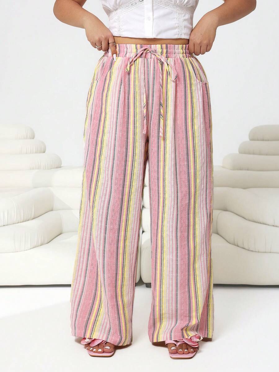 SHEIN EZwear 春夏新款休闲百搭条纹奶油草莓冰淇淋黄棉混纺宽松长裤，适合户外、日常、派对、音乐节、返校、毕业、度假、街头穿搭、探索、城市漫步等多种场合，可外穿或内搭。 - 彩色 - 查看 1