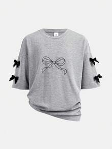 SHEIN 两件套少女休闲蝴蝶结T恤和喇叭裤套装，时尚舒适，适合日常穿着和外出活动。 - 灰色 - 查看 8