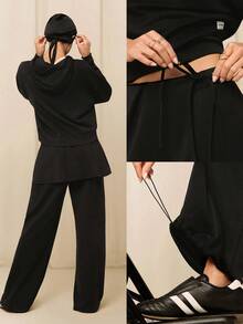 GLOWMODE X Reem Modest SoftSerene Modal Easy Shift Silky-Smooth Soft Breathable Adjustable Drawstring Ankle Side Pocket 2-In-1 Wide-Gleg Jogger Daily Casual Street Wear - 黑色 - 查看 10