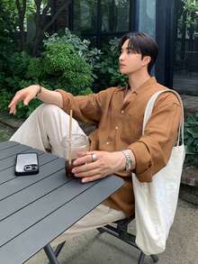 DAZY 男士棕色长袖纯色休闲衬衫，春季款 - 棕色 - 查看 5