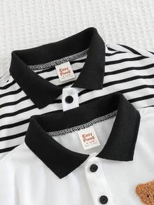 Cozy Pixies 2pcs Baby Boy Cartoon Bear & Striped Pattern Soft Knit Polo Collar Short Sleeve Pullover Outfit Set,Kids - Multicolor - View 7