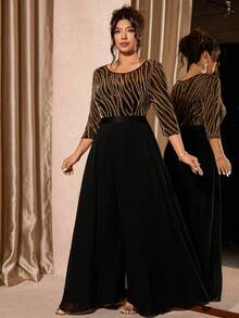 Cravure 大码女式中袖派对连体裤，饰有金银线拼接 - 黑色 - 查看 5