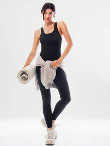 GLOWMODE 26" FeatherFit™ Glow Hard Buttery-Soft Stretchy Sweat-Wicking Booty-Lifting Butt Scrunch Removable Cups Bodysuit Romper Low Impact Yoga Studio Daily Wear - Black - View 9