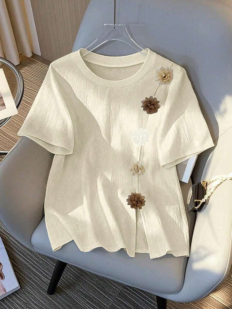 Franclia 圆领短袖休闲优雅百搭3D立体花卉图案女式T恤，夏季上衣，白色印花T恤 - 杏色 - 查看 1