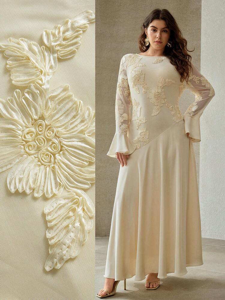 PLUS SIZE WOMEN'S SPRING/SUMMER EMBROIDERED FLORAL ELASTIC PATCHWORK DRESS
